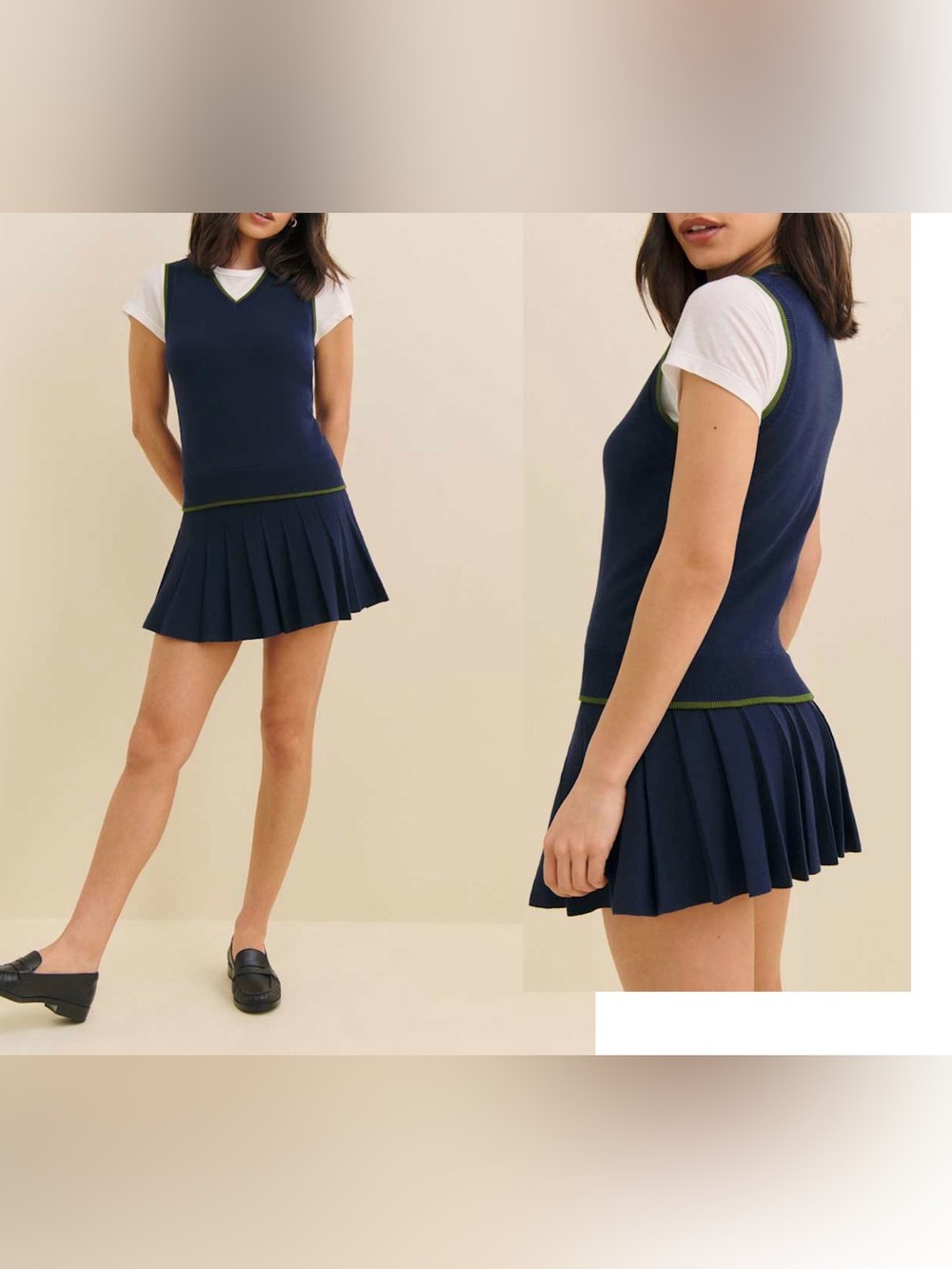 Reformation Blair Cotton Sweater Dress Navy Green Trim Knit Pleated Size Medium